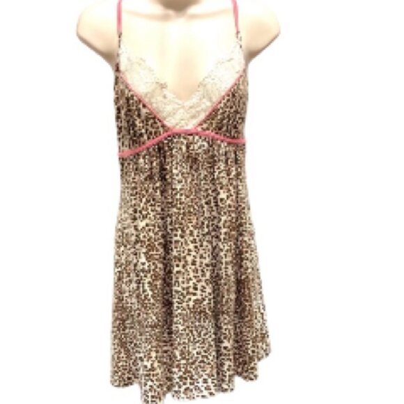 IN BLOOM by JONQUIL Cheetah Print  Chemise Cream Lace, Pink Trim Womens Large - Picture 1 of 16